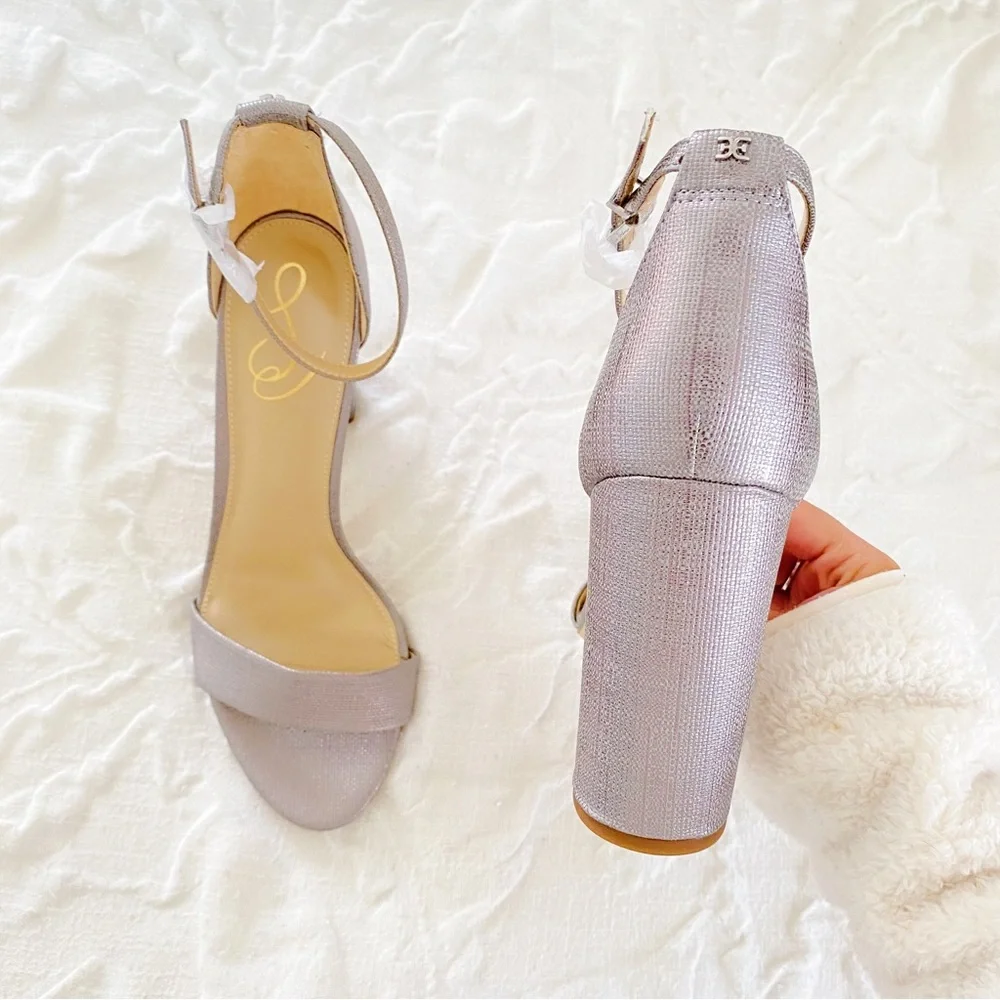 Sam Edelman Silver Textured Ankle-Strap Block Heel Sandals